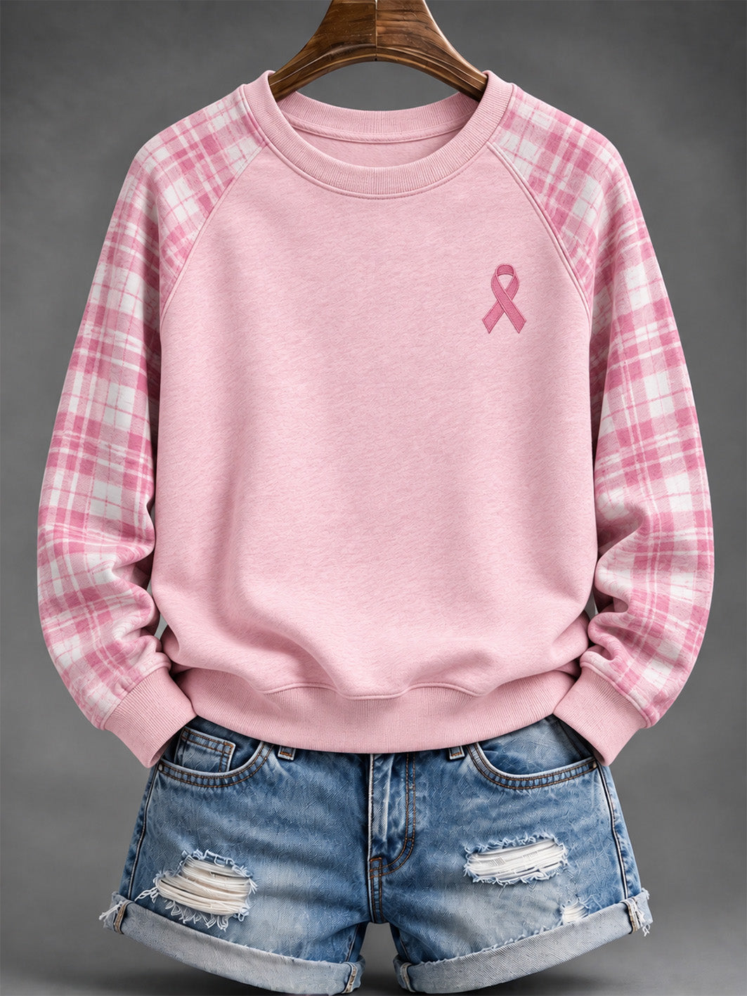 Damebluse i lyserød med velgørenhedsbåndsmønster og ternet design, afslappet sweatshirt