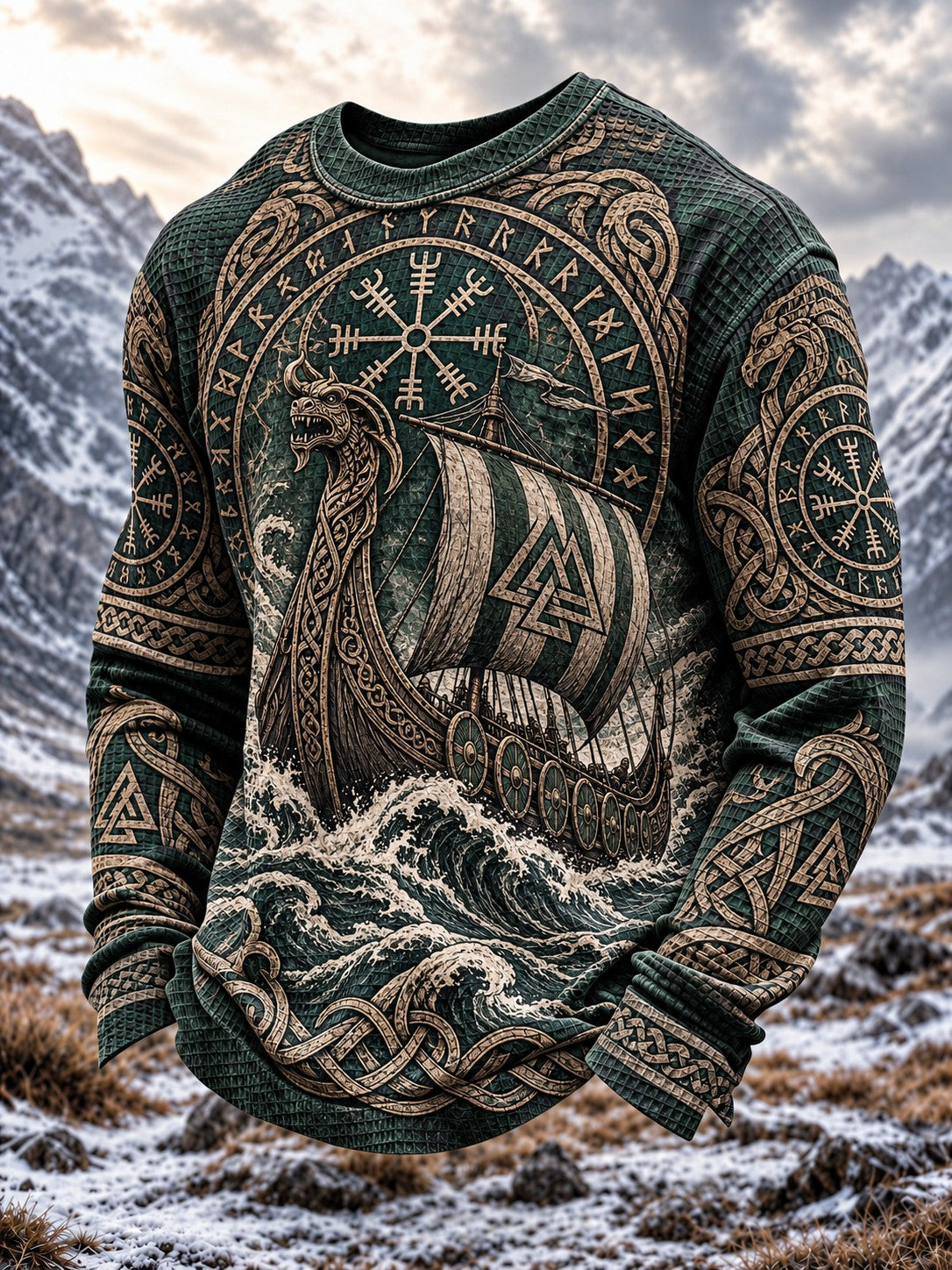 Herre Viking-printet vaffelstruktureret langærmet t-shirt