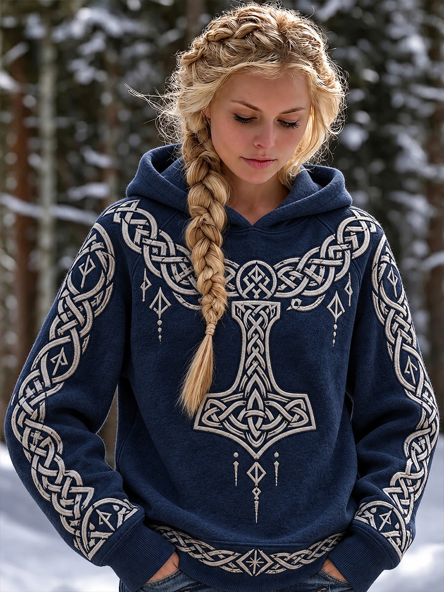 Kvindehoodie i vintagevikingestil med keltisk knudeprint – afslappet stil