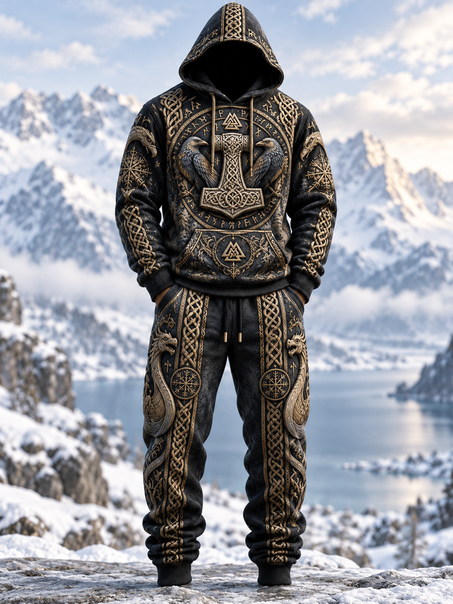 Herre Viking Kunst Hættetrøje Sæt