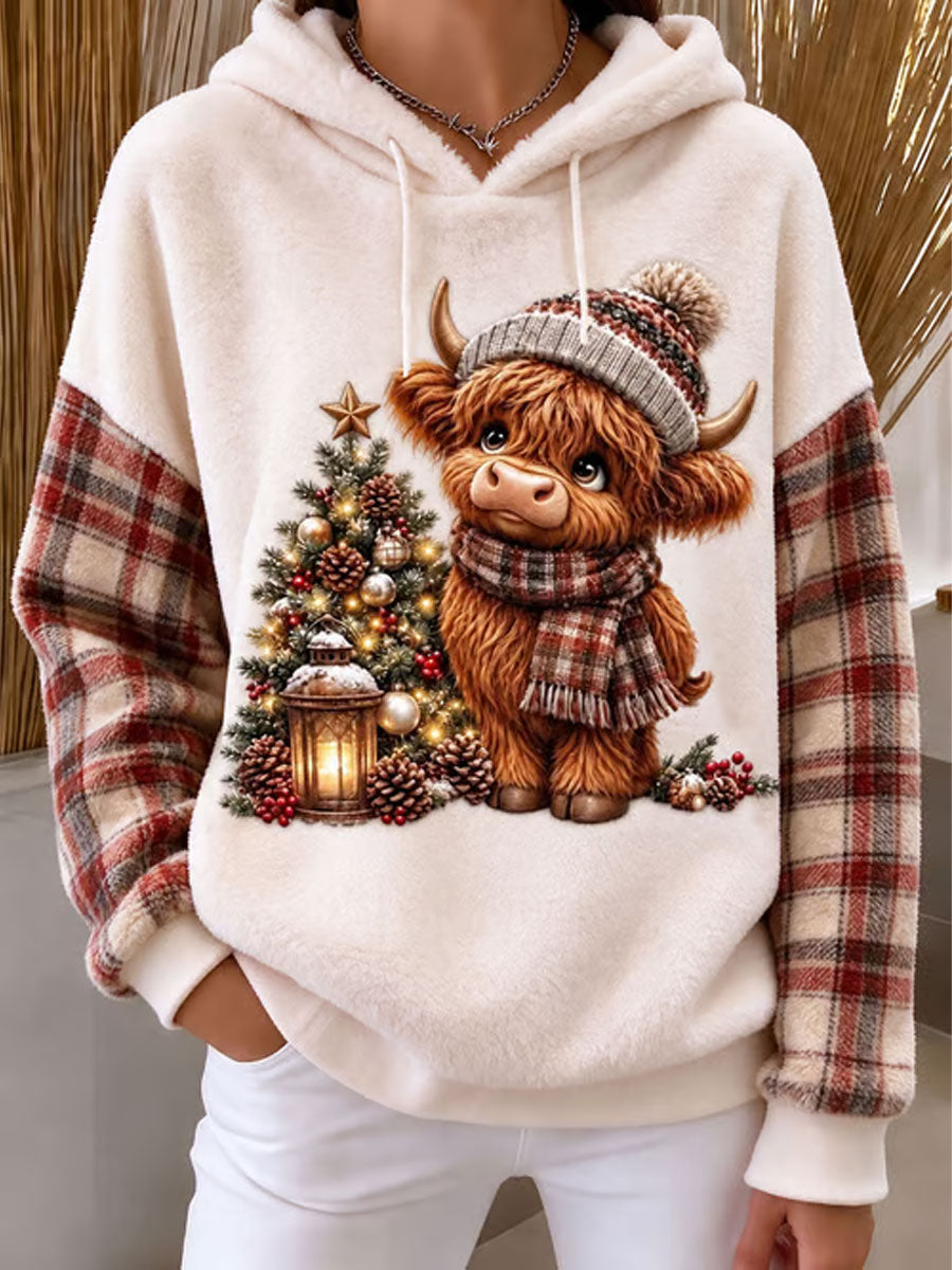 Kvinders Highland Cow-juleprint flanelfrakke med hætte