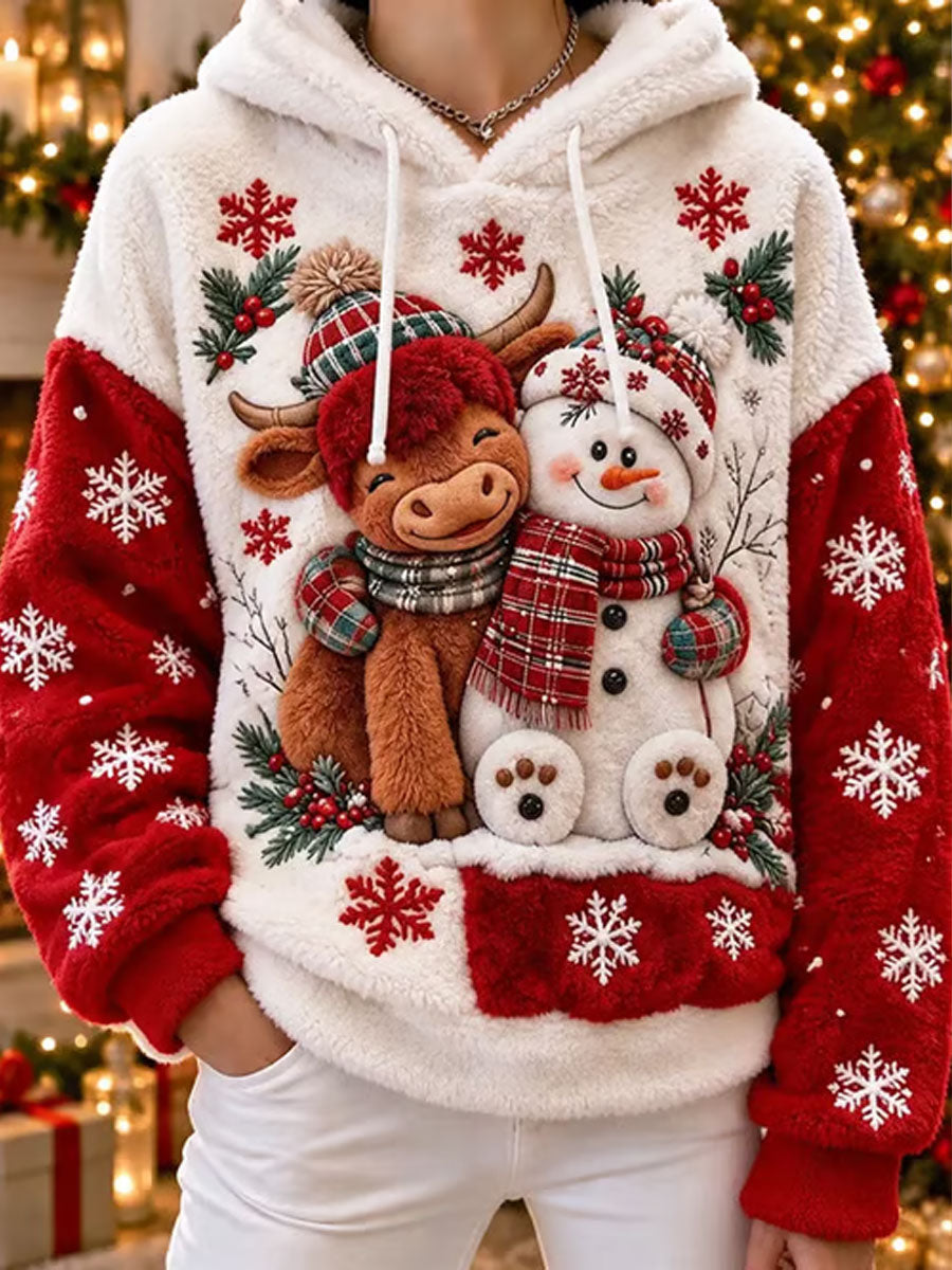 Kvinders højland ko jul Print Flannel Hoodie Flannel