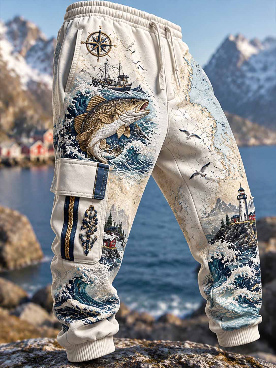Mænds vintage lange bukser med fiskemønster