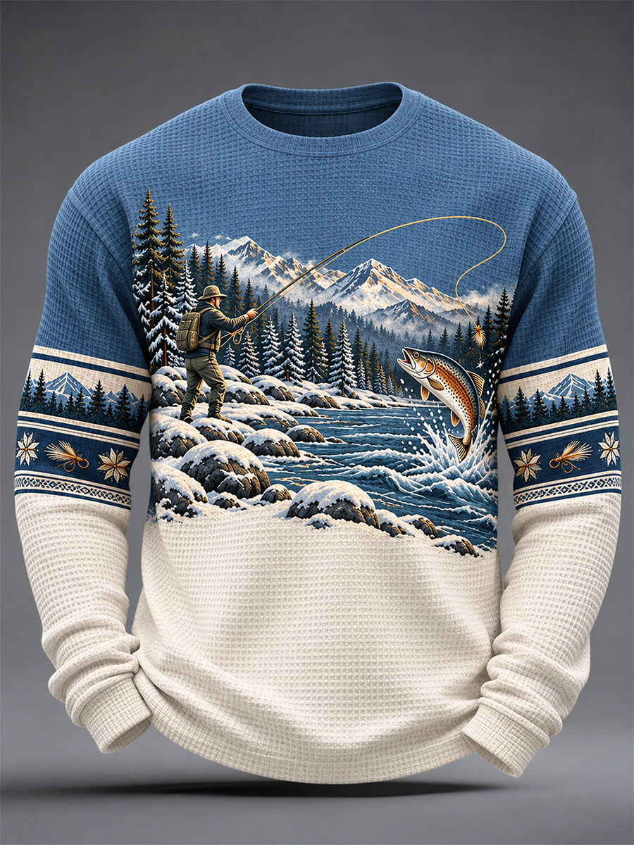 Mænds Vintage Wilderness Fiskeri Print Vaffel Lang ærme Toppe