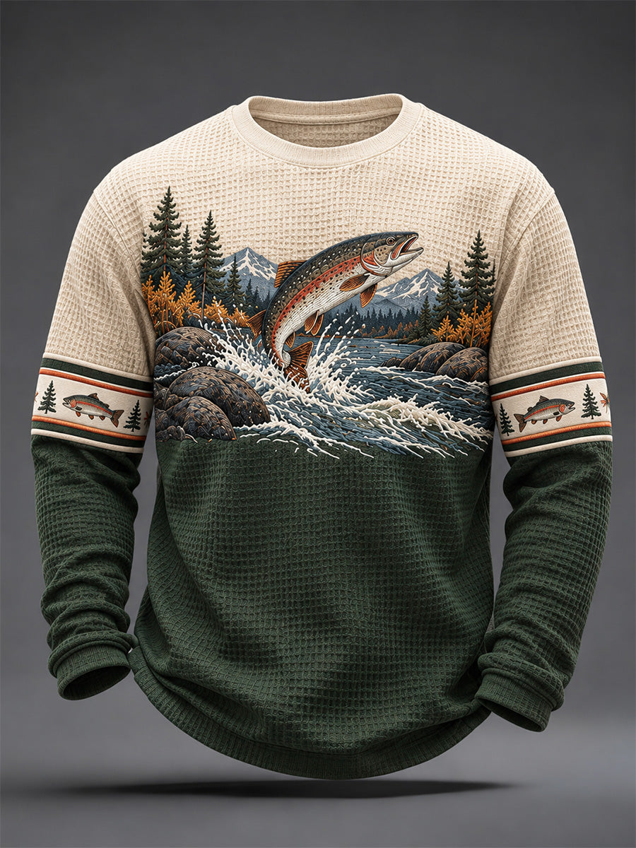 Herre vintage vildmarksfiskeri-print vafleret langærmet top