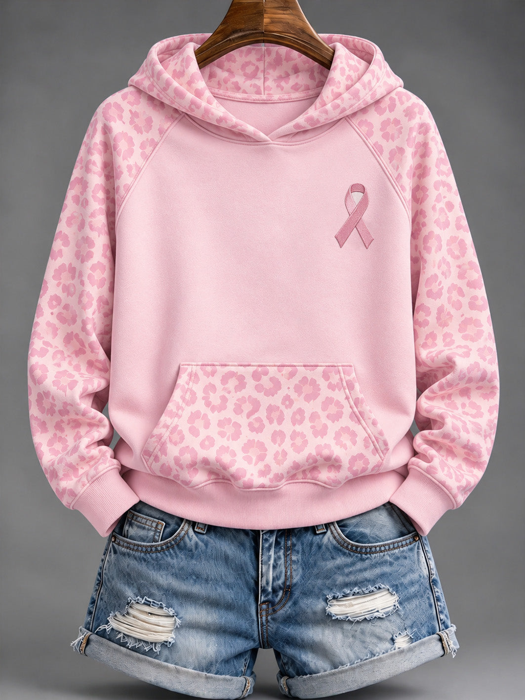 Kvinders Pink Charity Ribbon Mønster Leopard Print Design Casual HoodieComment