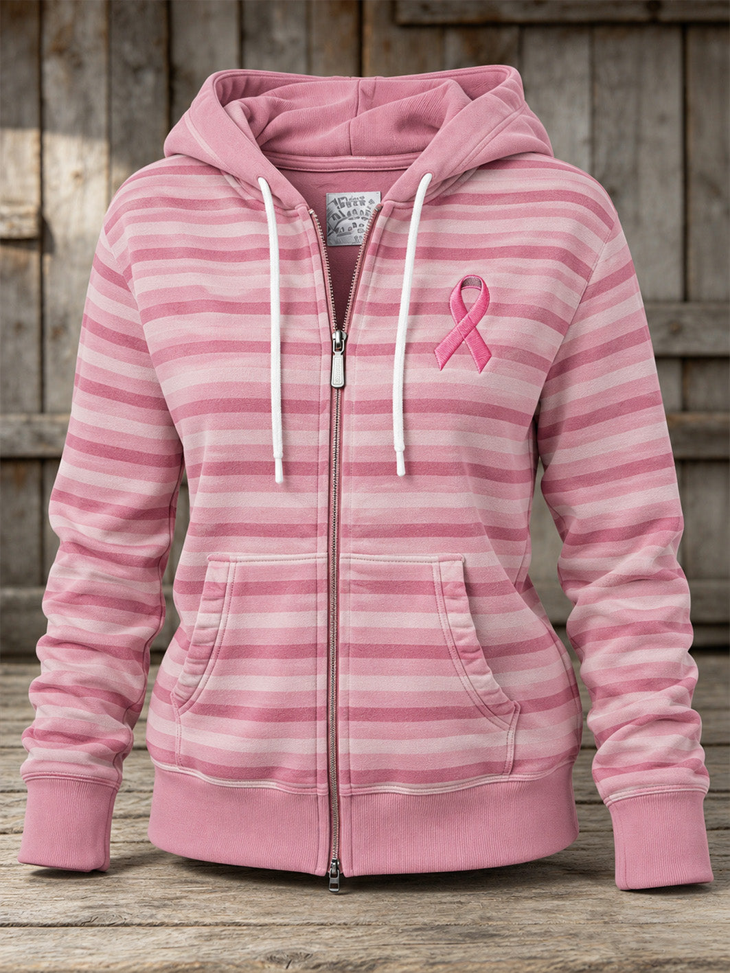 Kvinders Pink Charity Ribbon mønster Stribet Print Design Casual Zip-Up Hoodiee