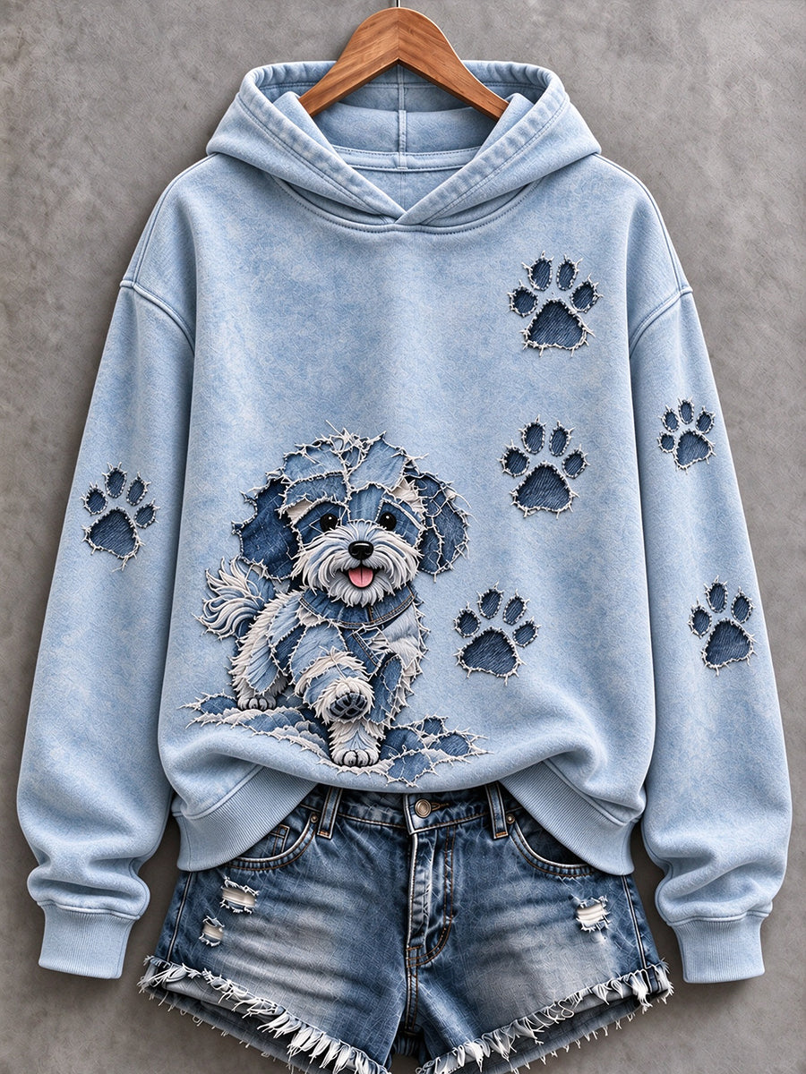 Kvinders Bichon Frize & Paw Prints Patchwork Print Casual Hoodie Print