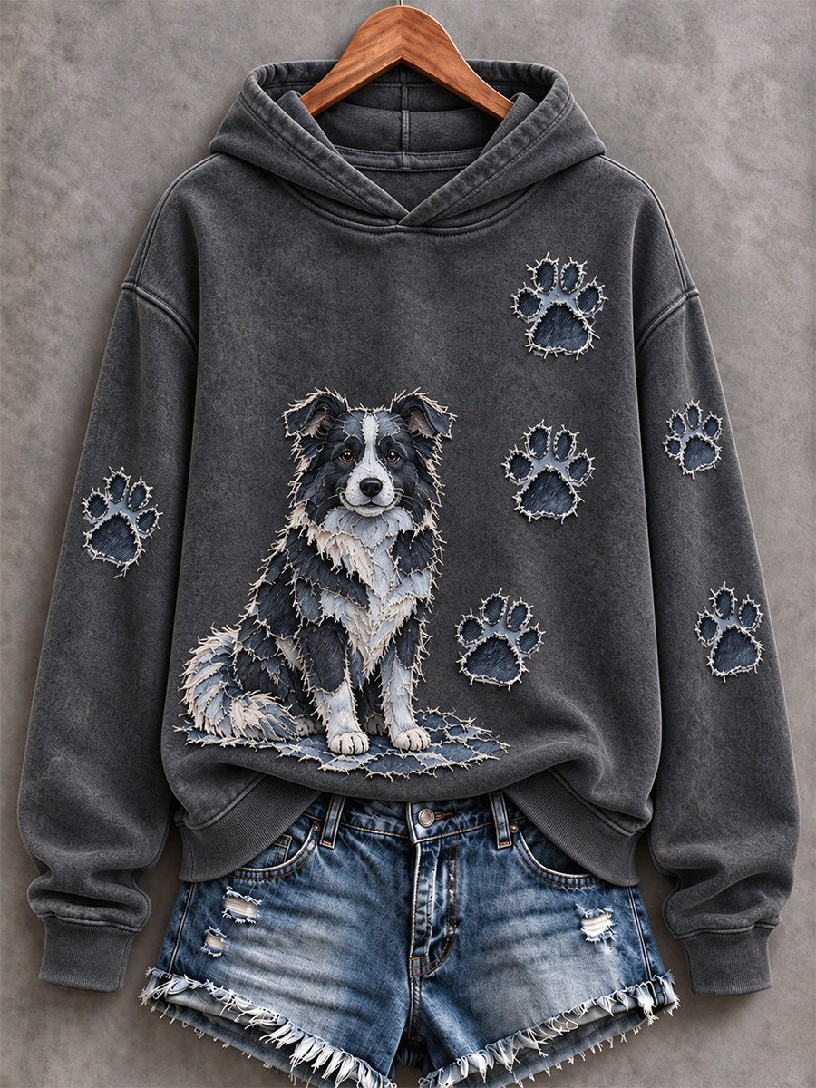 Kvinders grænse Collie & Paw Prints Patchwork Print Casual Hoodie Print