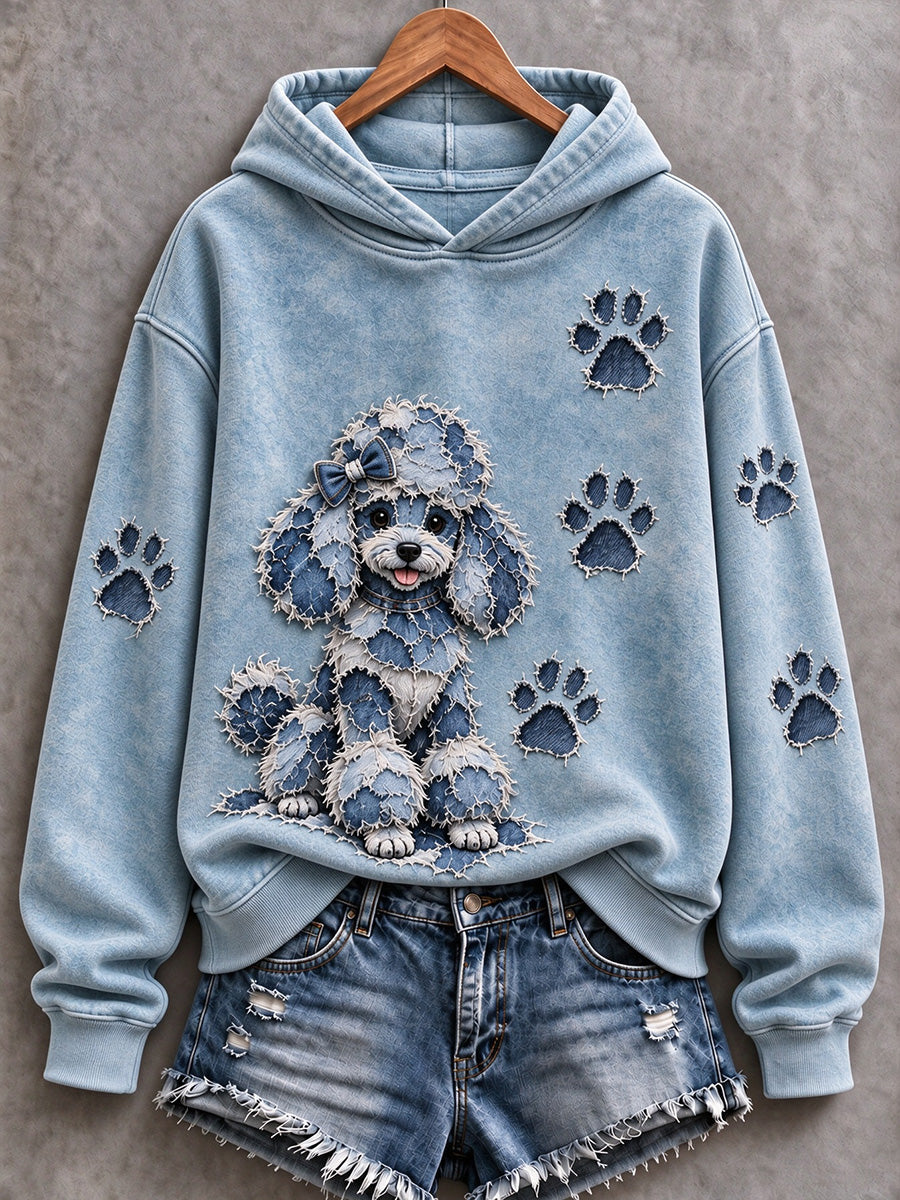 Kvinders Pudle & Paw Prints Patchwork Print Casual Hoodie Print