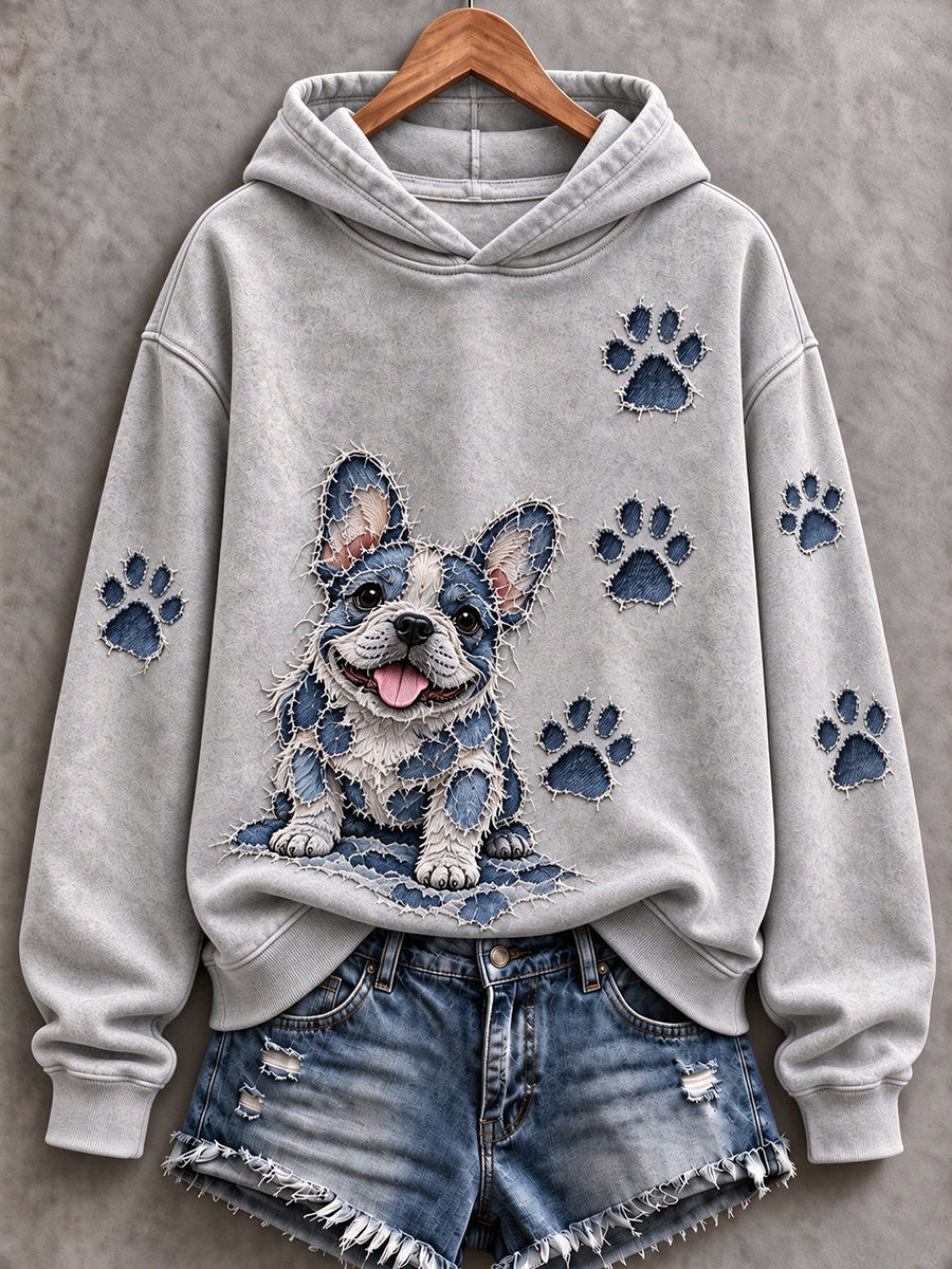Kvinders Franske Bulldog & Paw Prints Patchwork Print Casual Hoodie Print