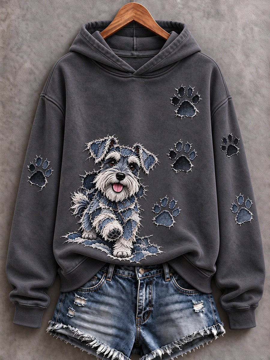 Kvinders Schnauzer & Paw Prints Patchwork Print Casual Hoodie Print