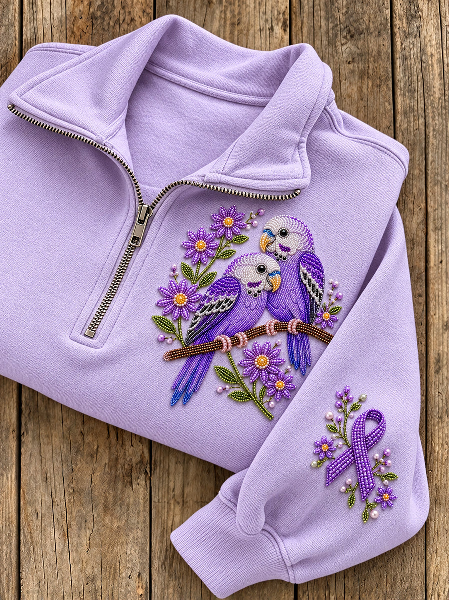 Kvinders Beaded blomster Budgie & lilla bånd mønster Casual Half-Zip sweatshirt