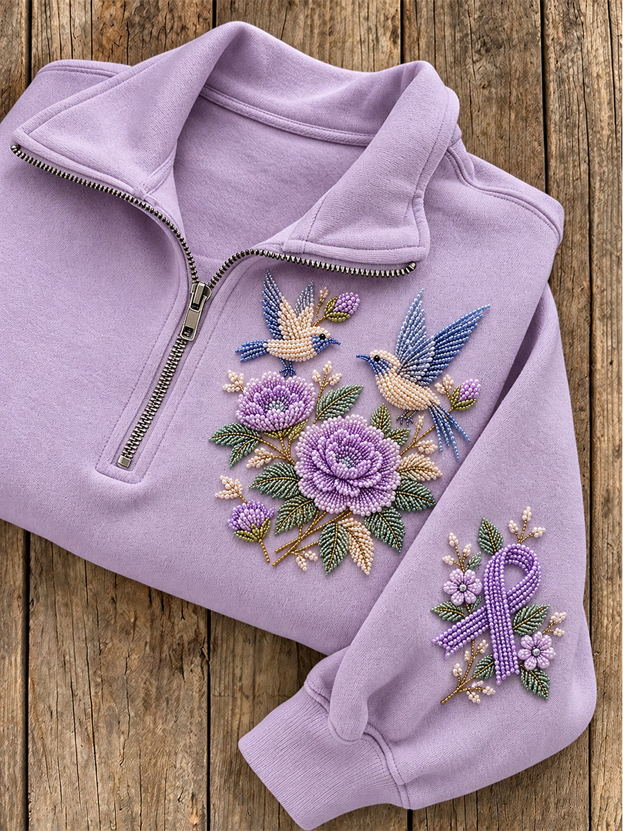 Kvinders Beaded Blomster fugle & Lilla Ribbon Mønster Casual Half-Zip Sweatshirt