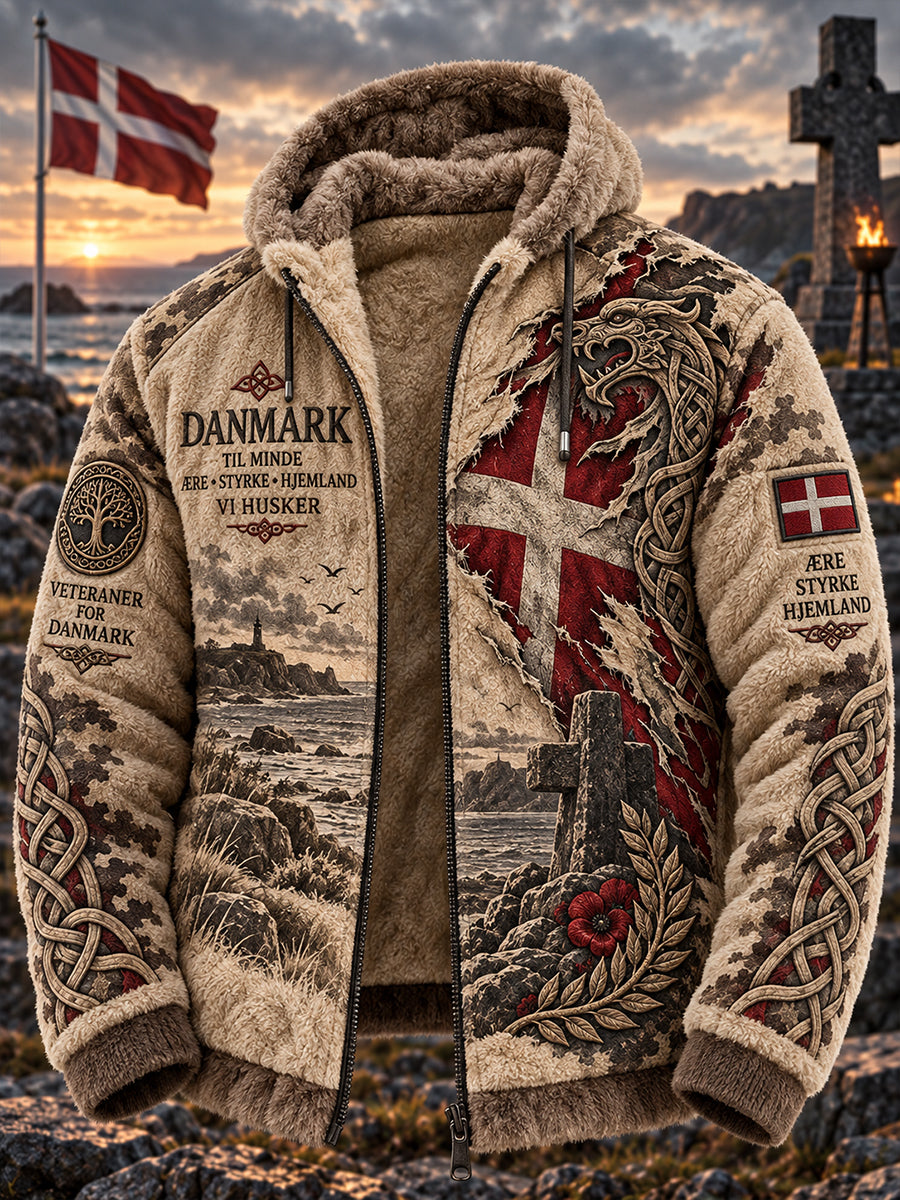 Mænds Flannel hættejakke med vikingeinspirerede grafiske prints