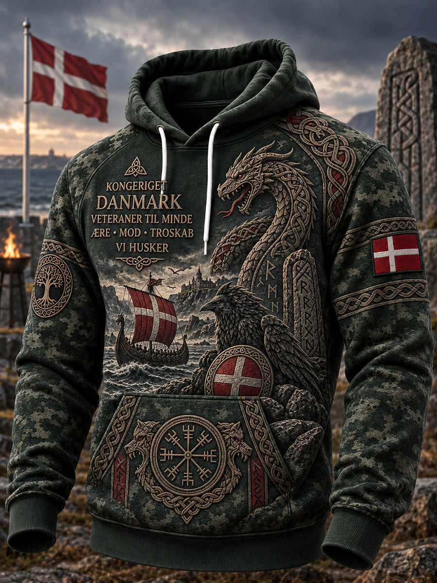 Hættetrøje til mænd med vikingemotiv og grafisk print