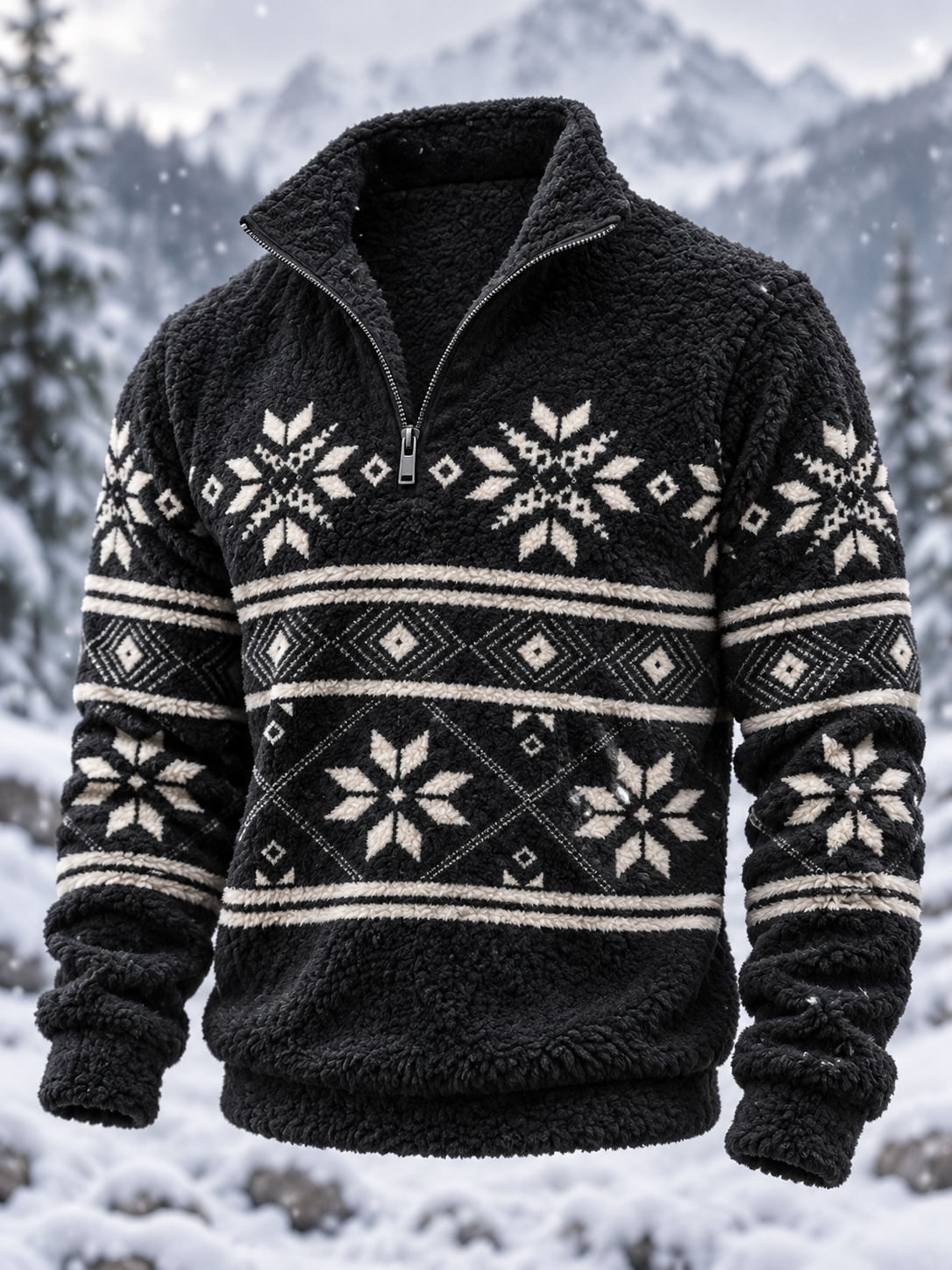 Herre-sweatshirt i nordisk Fair Isle-stil med geometrisk snefnugmønster, flannel