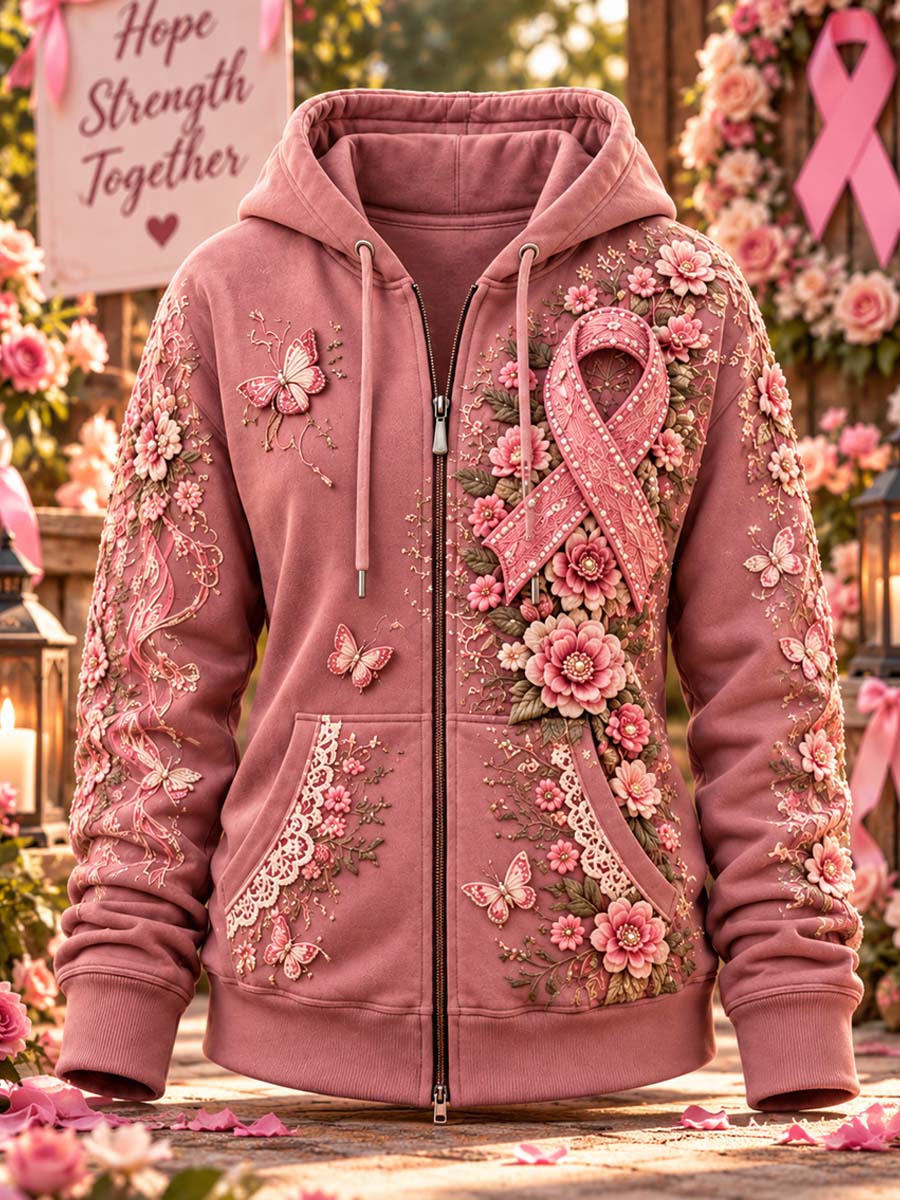 Kvinders brystkræft bevidsthed Ribbon Print Casual Hooded sweatshirt