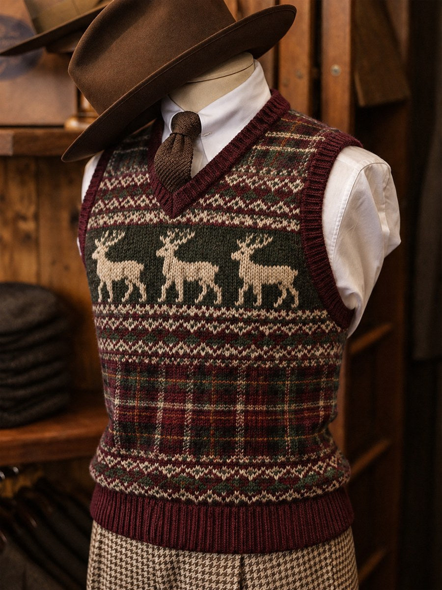 Mænds Vintage Jul Rensdyr Plaid Fair Isle Mønster Print hyggelig Veste