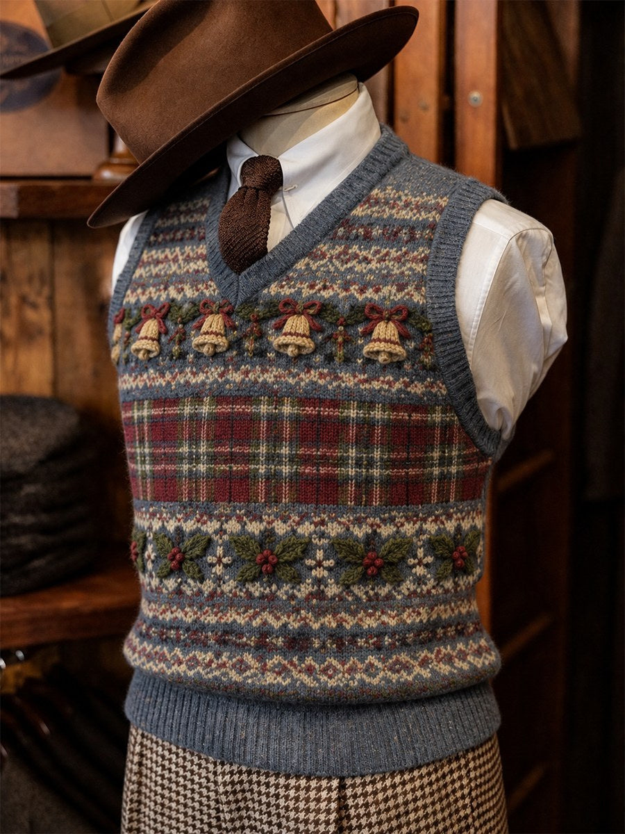 Mænds Vintage Juleklokker & Holly Plaid Fair Isle Mønster Print hyggelig vest Print