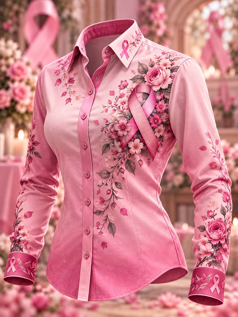 Kvinders brystkræft bevidsthed Ribbon Print Casual skjorte
