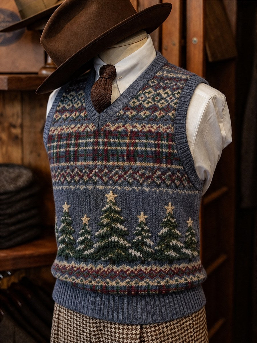 Mænds Vintage Juletræer Plaid Fair Isle mønster Print hyggelig Veste