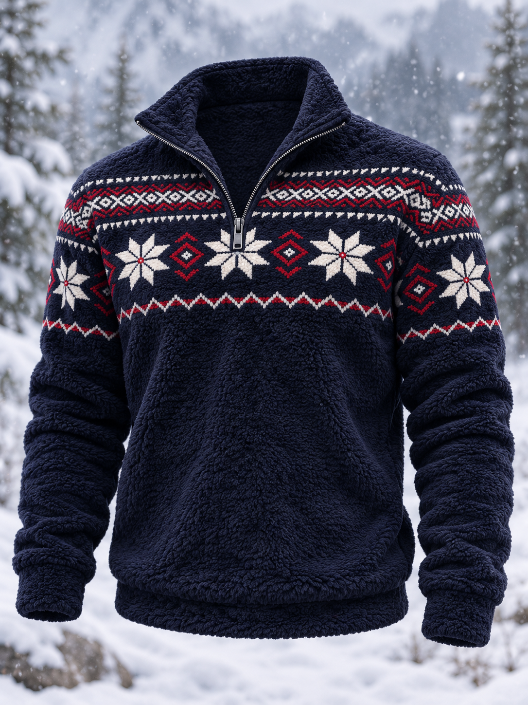 Herre-sweatshirt i nordisk Fair Isle-stil med geometrisk snefnugmønster, flannel
