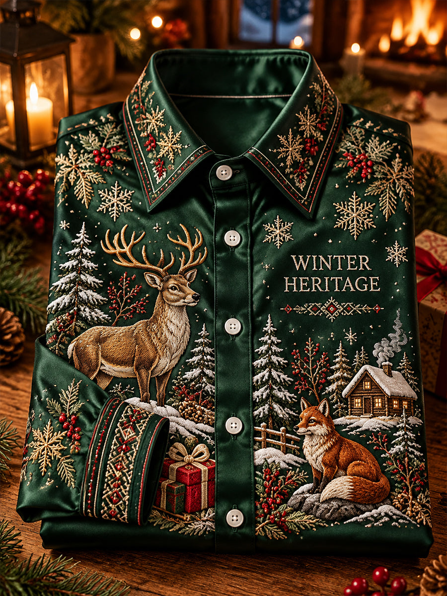 Herrechemise i satin med langærmer og julemotiver