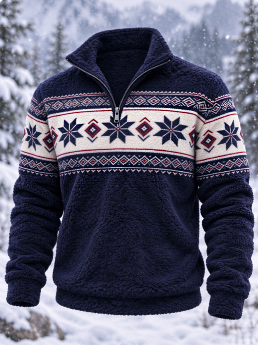 Herre-sweatshirt i nordisk Fair Isle-stil med geometrisk snefnugmønster, flannel