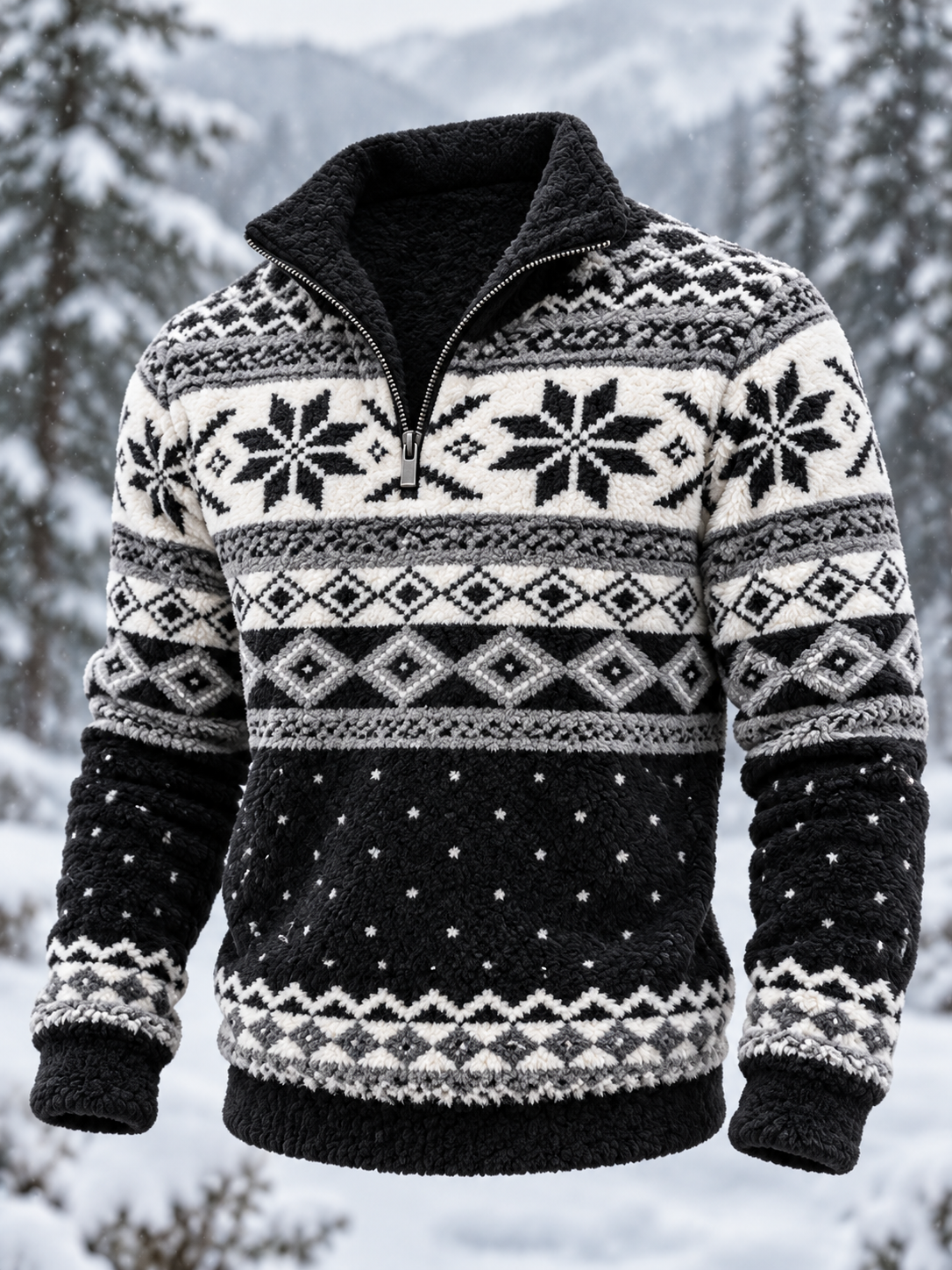 Herre-sweatshirt i nordisk Fair Isle-stil med geometrisk snefnugmønster, flannel