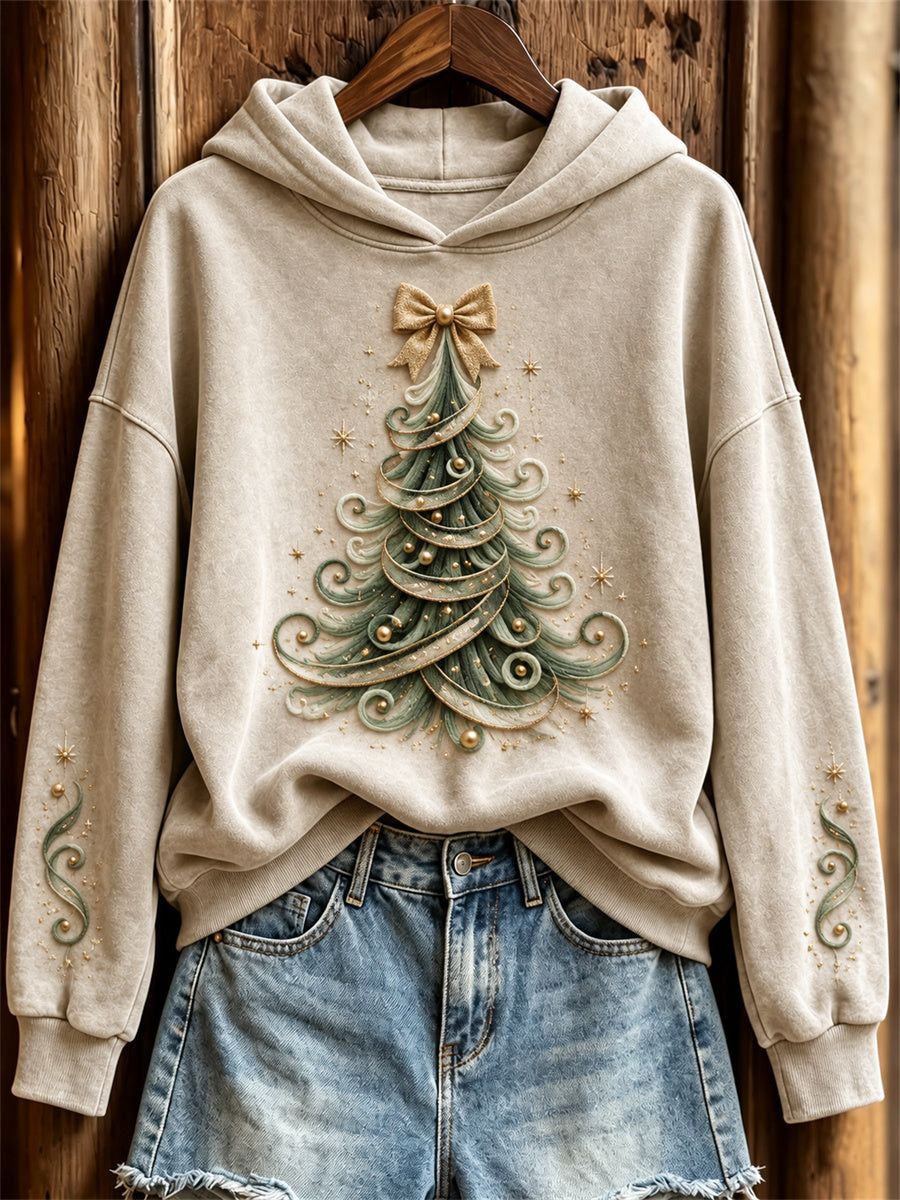 Kvindehoodie med elegant glitrende juletræskunstprint