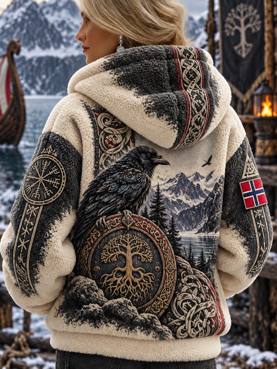 Kvinners vintage-inspirerte flanelljakke med hette og viking-inspirerte motiver