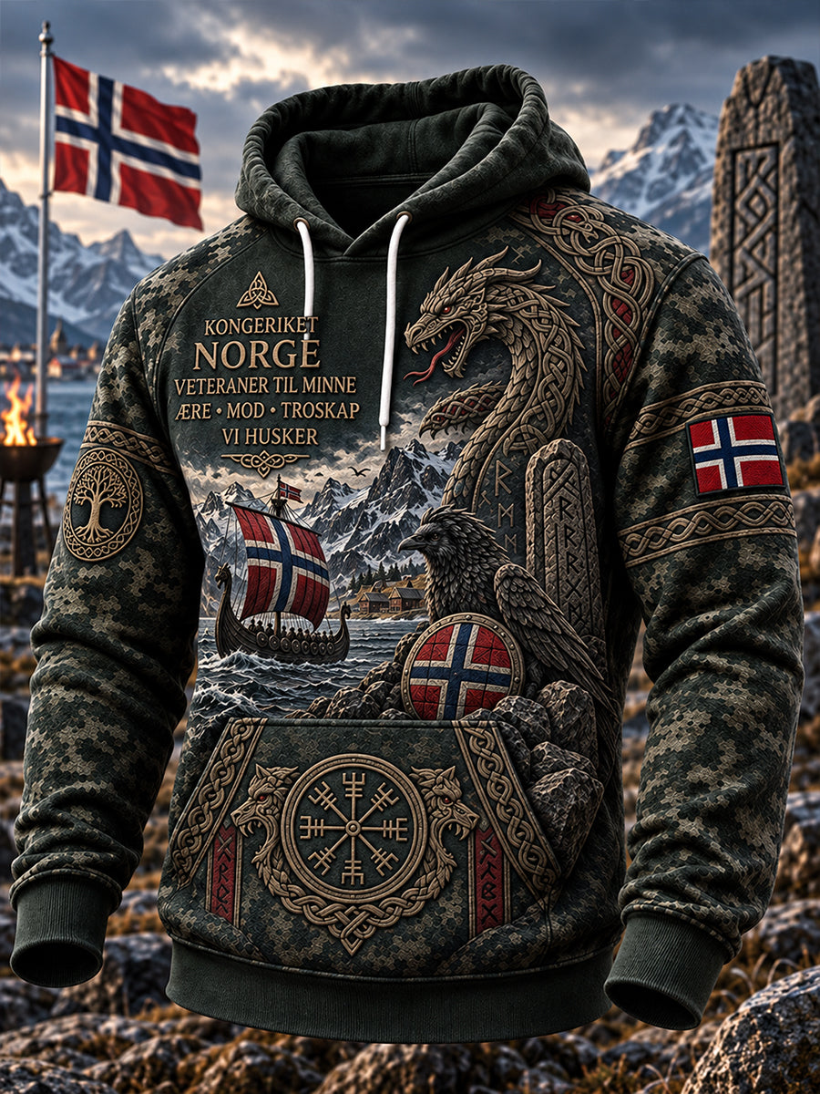 Herre-hettegenser med vikingmotiv og grafisk trykk