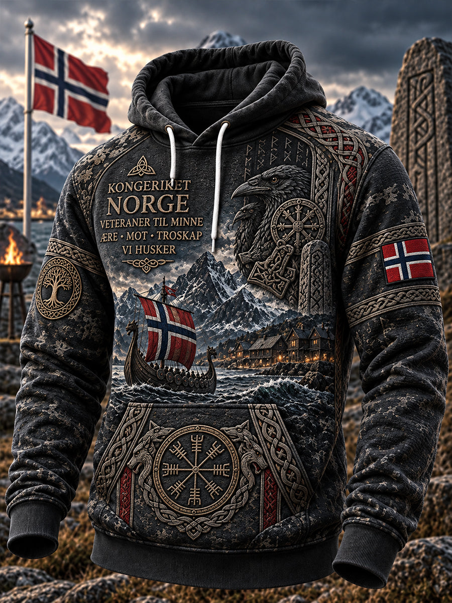 Herre-hettegenser med vikingmotiv og grafisk trykk