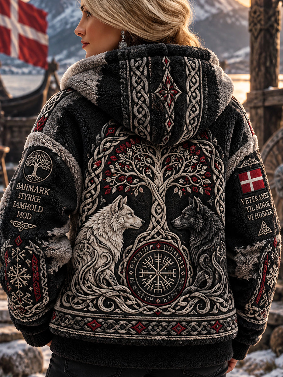 Kvinders vikinge-tema trykt Flannel hættejakke