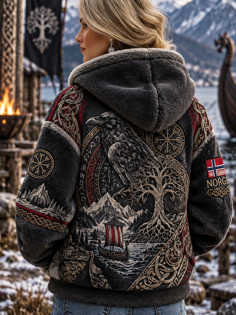 Kvinners vintage-inspirerte flanelljakke med hette og viking-inspirerte motiver