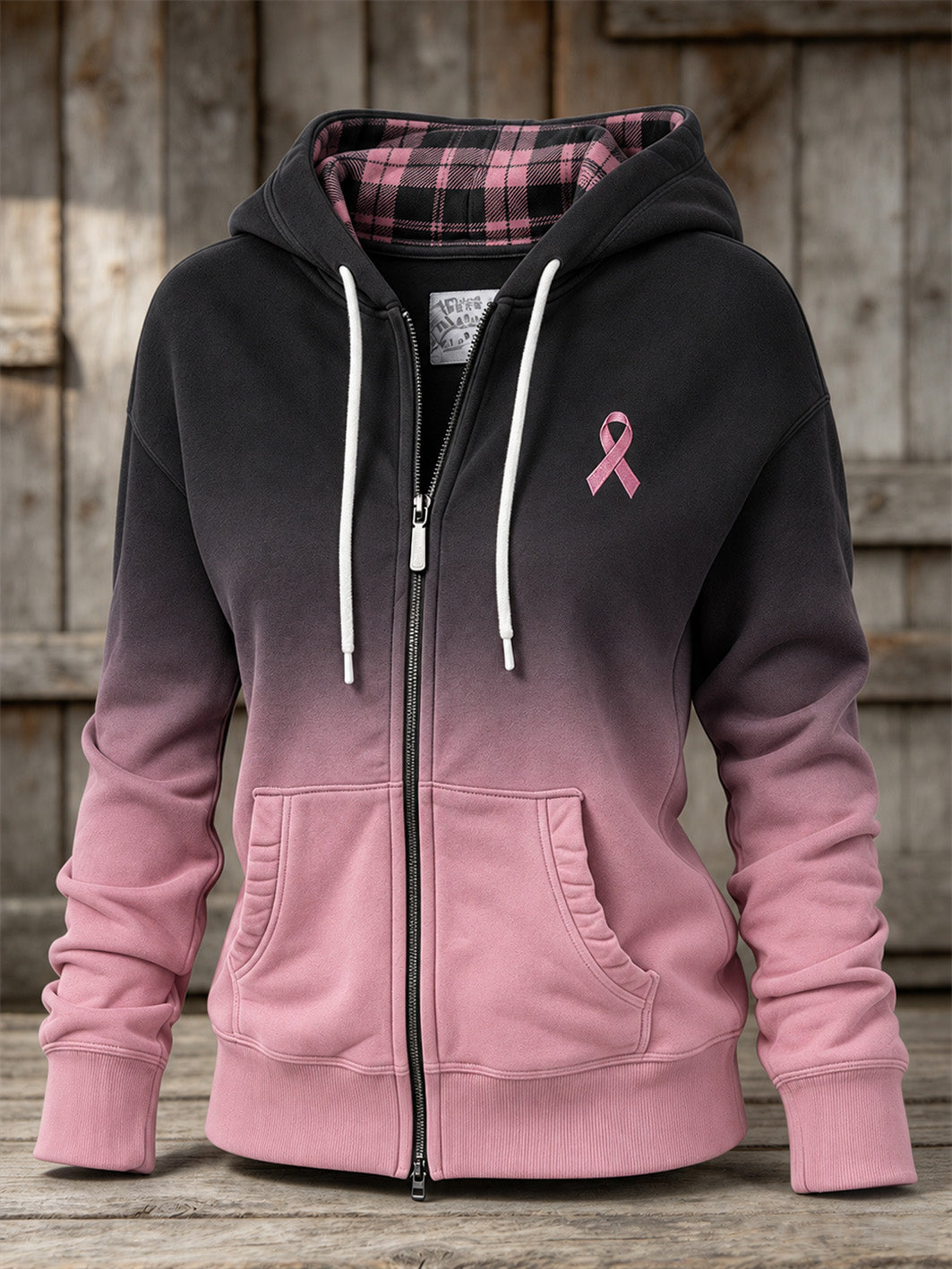 Kvinders lyserøde velgørenhedsbånd Mønster Checkered patchwork gradient Design Casual zip-Up Hoodie