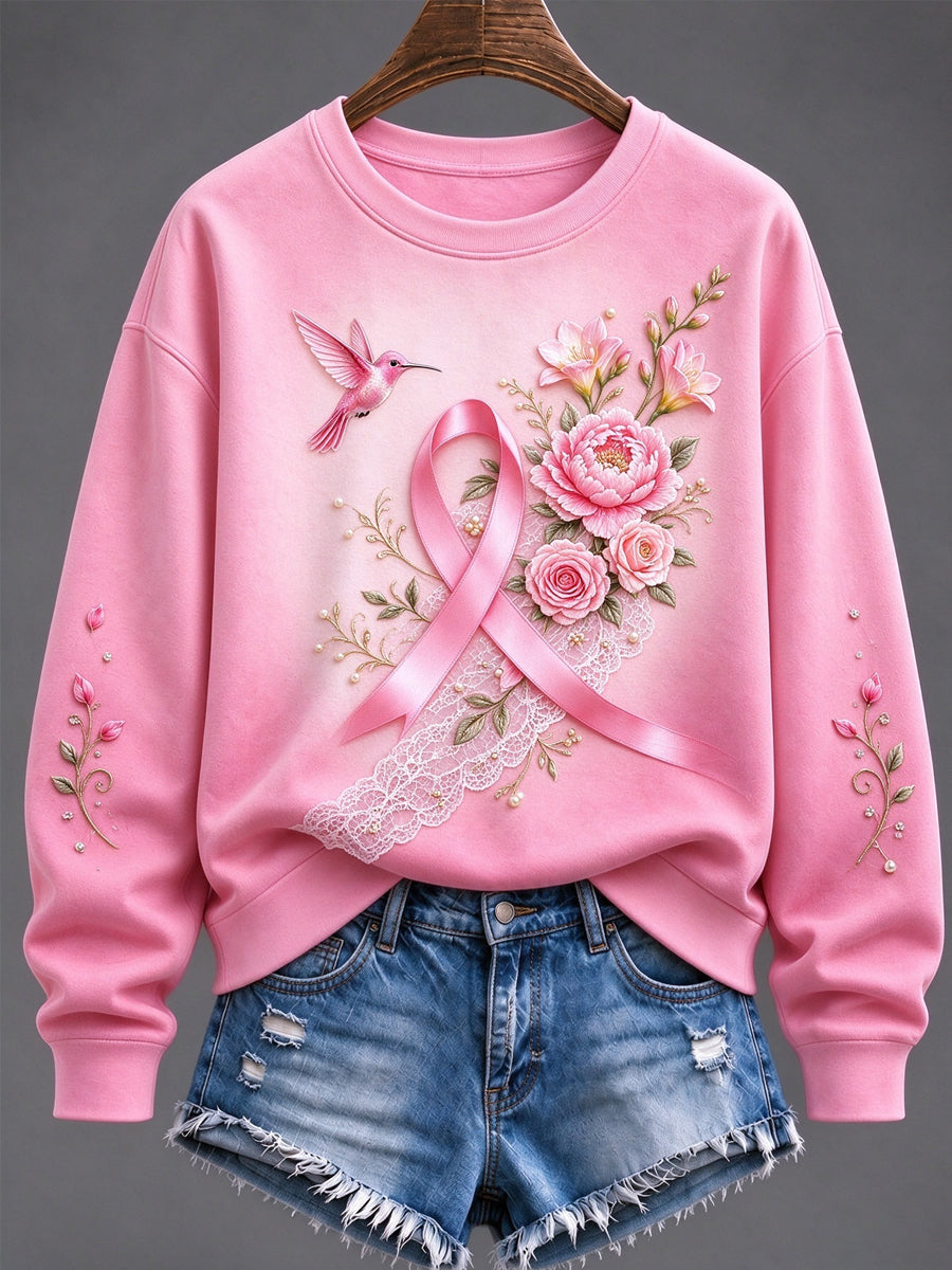 Dame-sweatshirt med lyserød sløjfe, blomster- og kolibri-print til støtte for brystkræftbevidsthed