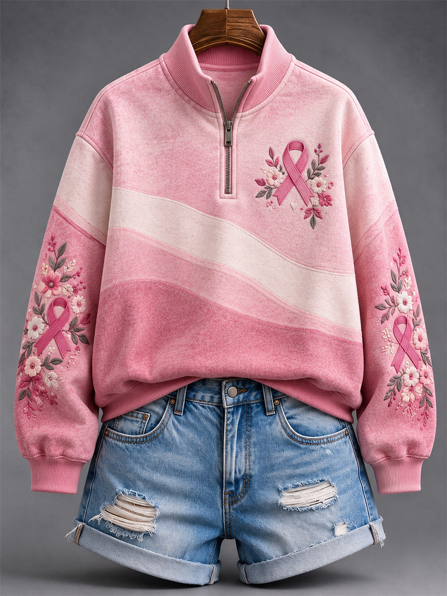 Kvinders vintage blomstermønstret lyserød sweatshirt med bånd og lynlås