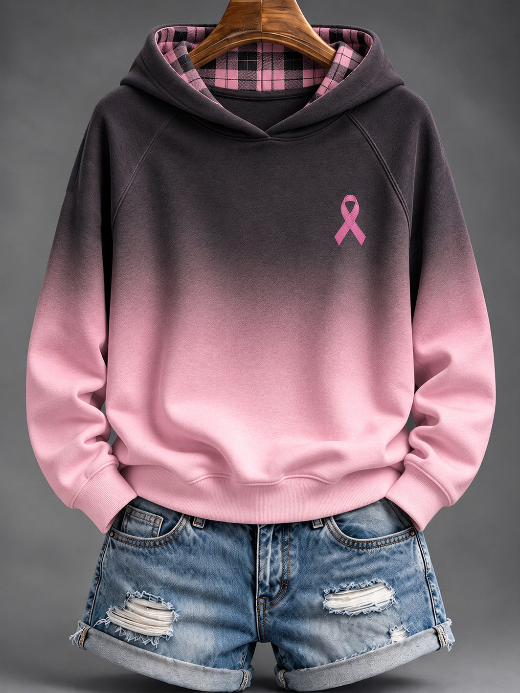 Kvinders Pink Charity Bånd Mønster Checkered Patchwork Gradient Design Casual Hoodie