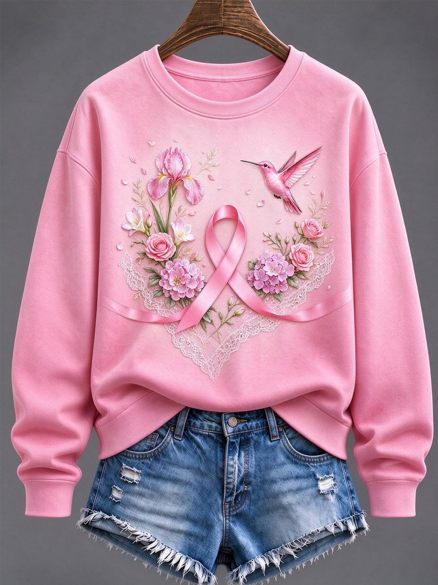 Kvinders Pink Ribbon Blomster & Hummingbird Print Bryst kræft bevidsthed Support Sweatshirt