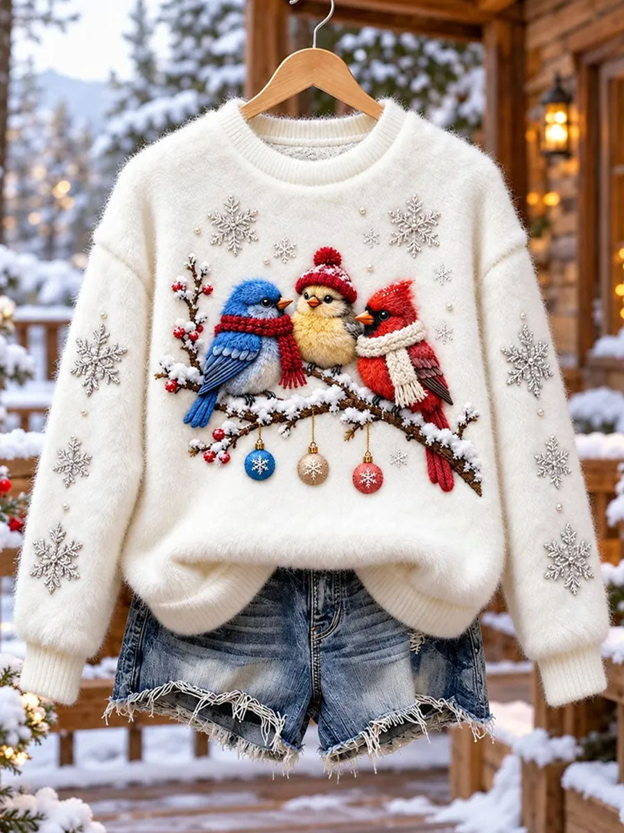 Kvinders vinter fugl mønster trykt Flannel Sweatshirt