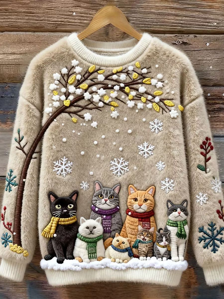 Dameflanelsweatshirt med kattemotiv til vinteren