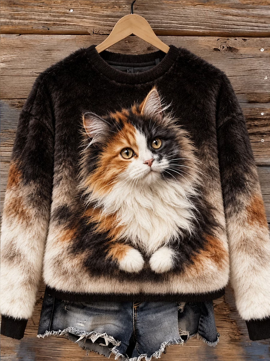 Dameflanelsweatshirt med kattemotiv til vinteren