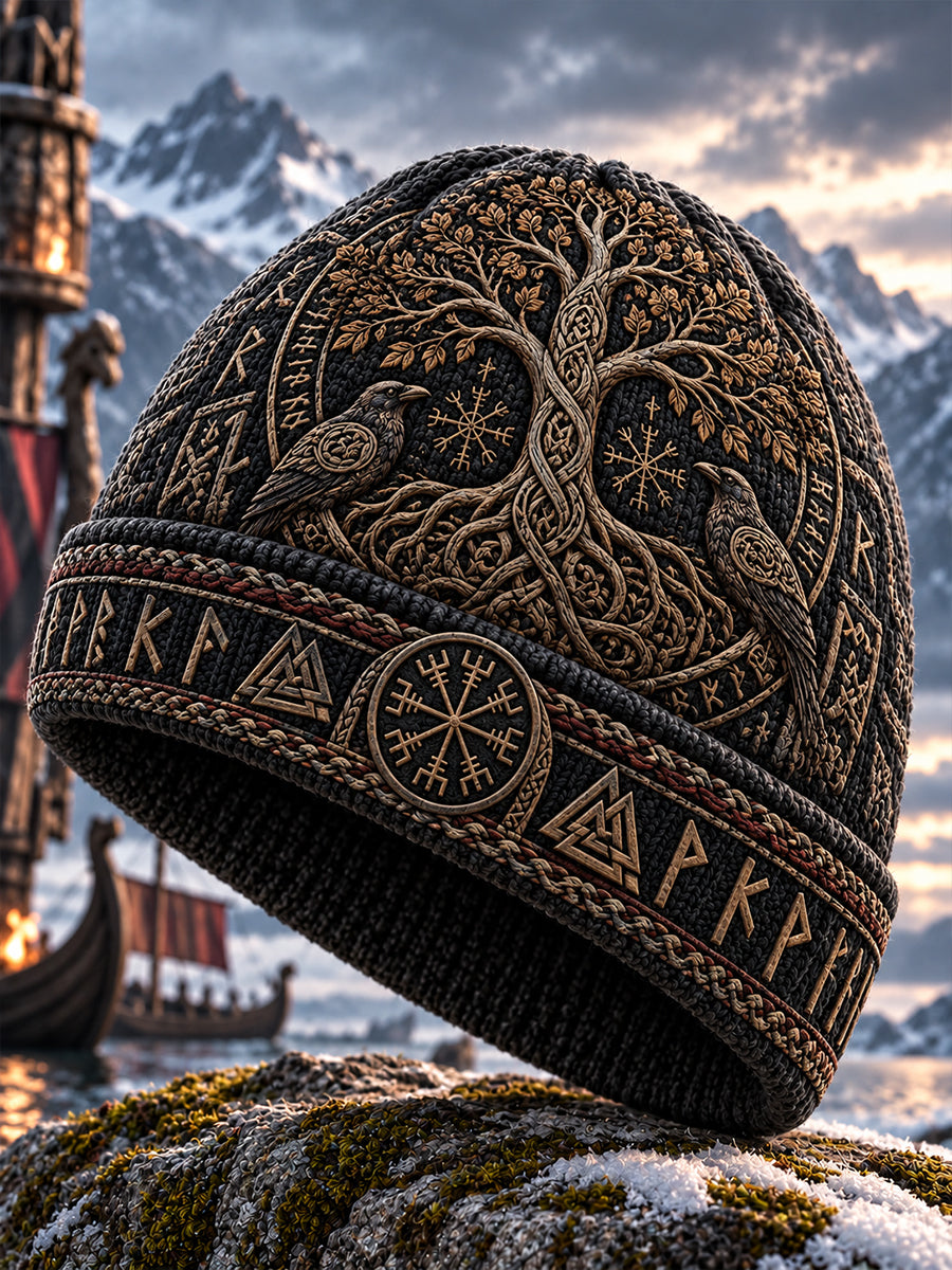 Strikket lue med vintage viking-inspirert mønster