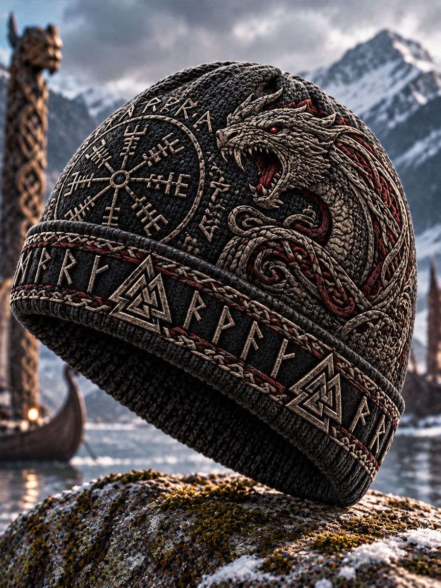 Strikket bønne med viking inspirert print