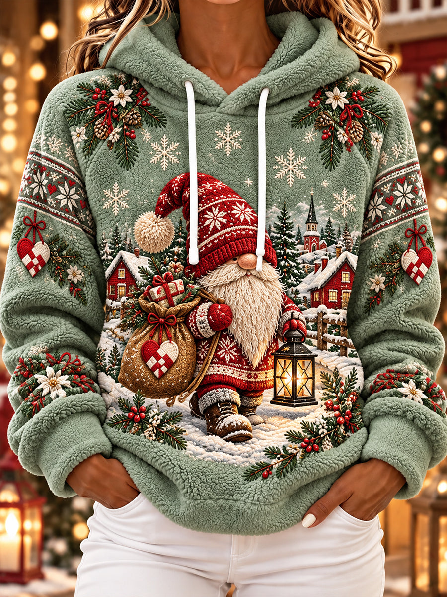 Dame-juledragt med print, flannel, raglanærmer og hætte