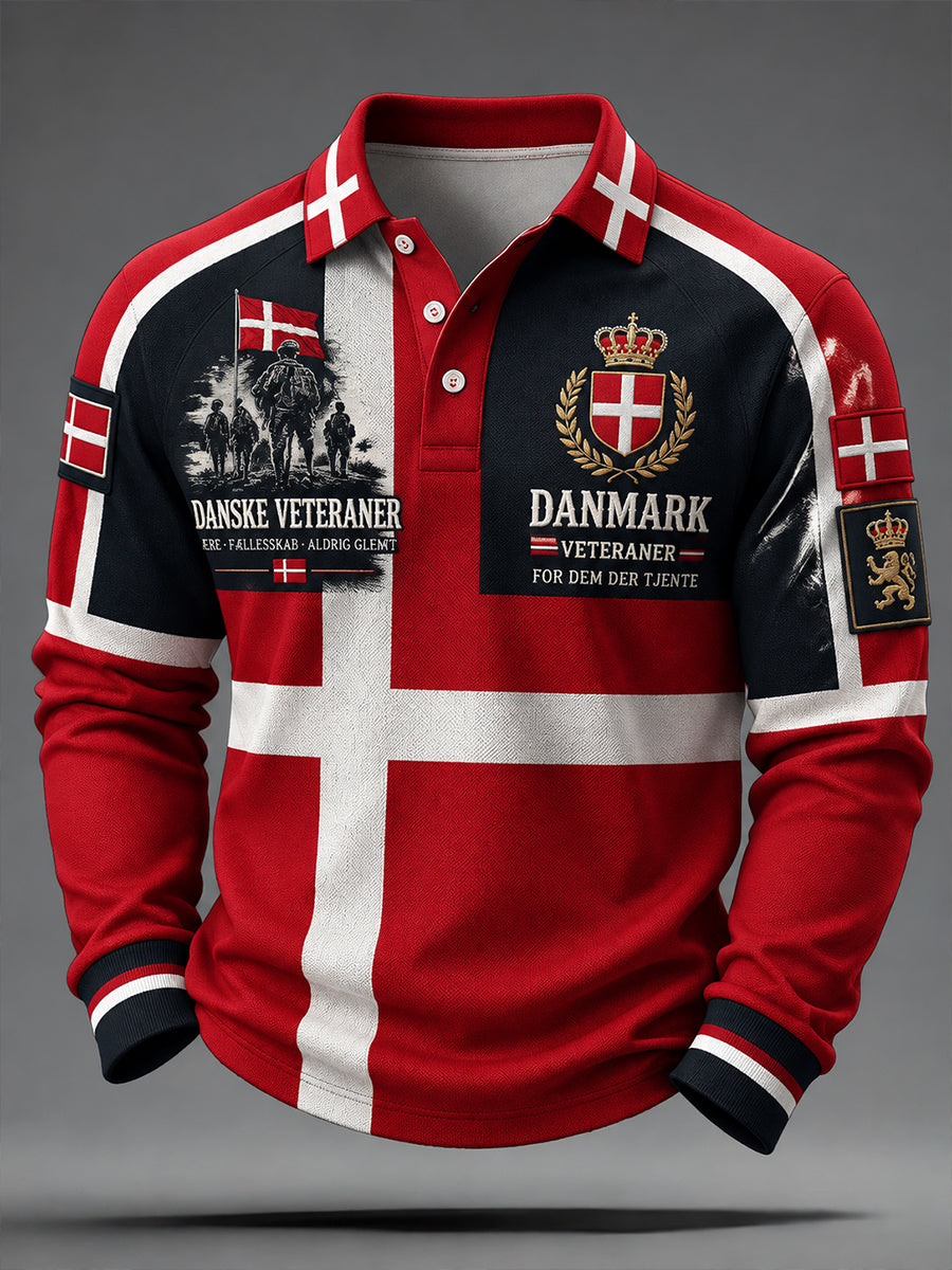 Herrepolo med camouflageprint og raglanærmer, inspireret af veteraner, med lange ærmer