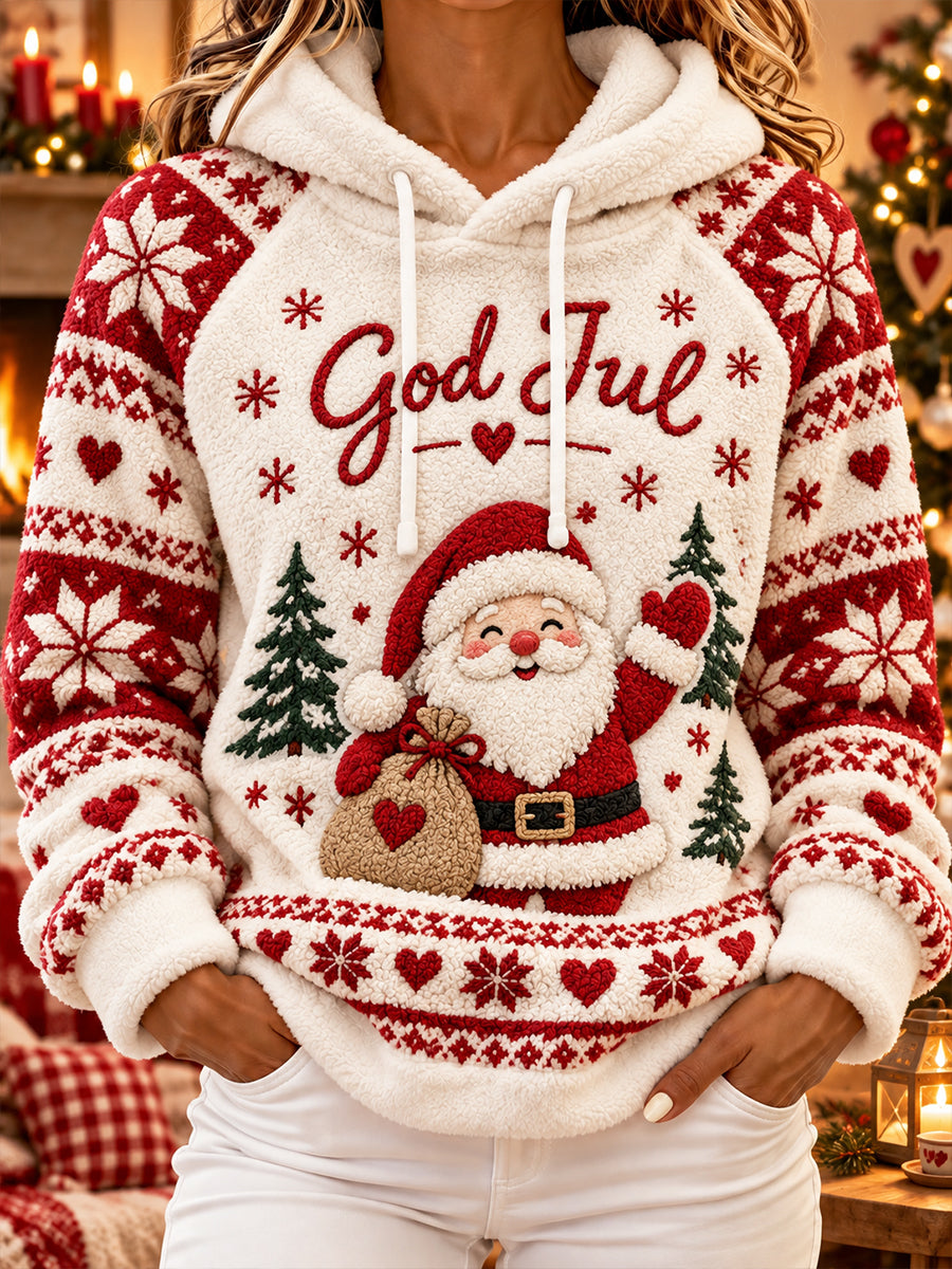 Dameflanelsweatshirt med hætte og julemotiv