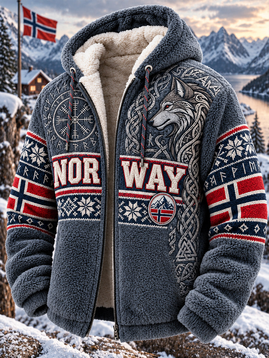 Herrejakke i vintagestil av flanell med vikinginspirerte trykk